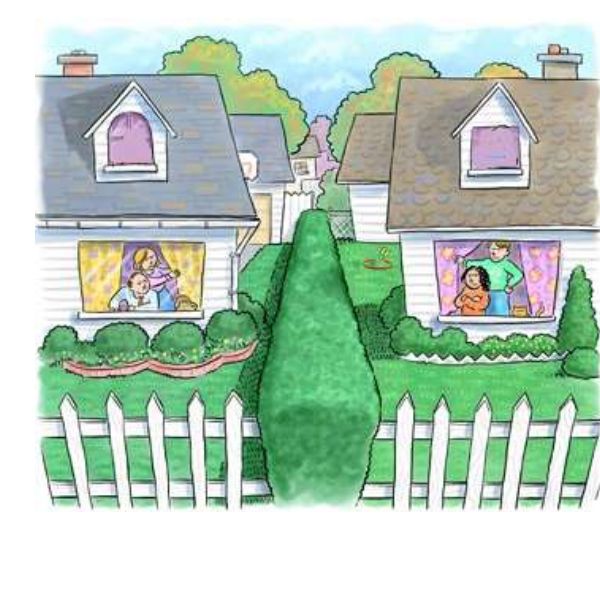 Fiche d'activité : poster de deux maisons voisines avec les familles aux fenêtres